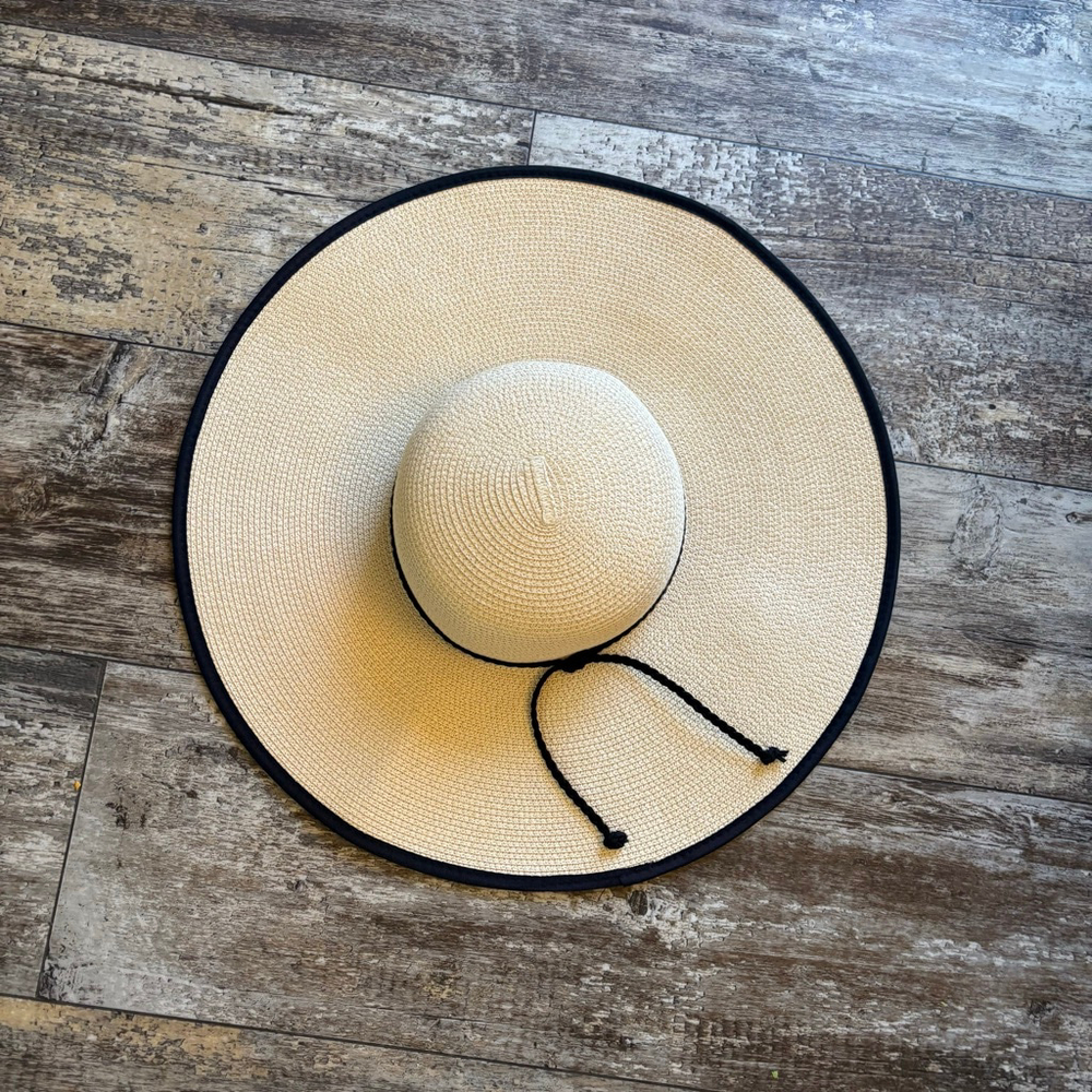 Wide Brim Paper Sun Hat Natural Straw Look w/ Black Trim